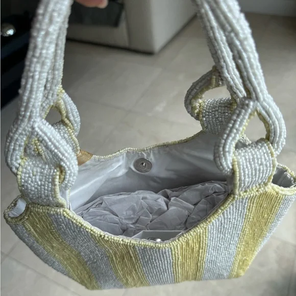 Handmade Yellow & Silver Beaded Tote Bag – Knotted Handle Detail - Picture 4 of 6